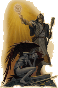 prêtre de Pélor repoussant un démon